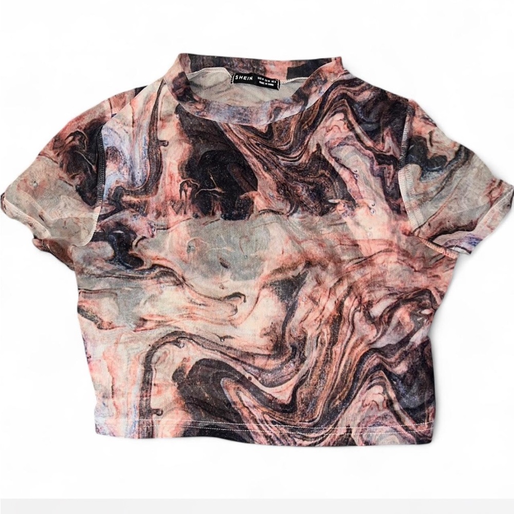 SHEIN Pink and Orange Graphic Crop Top with Mandarin Collar